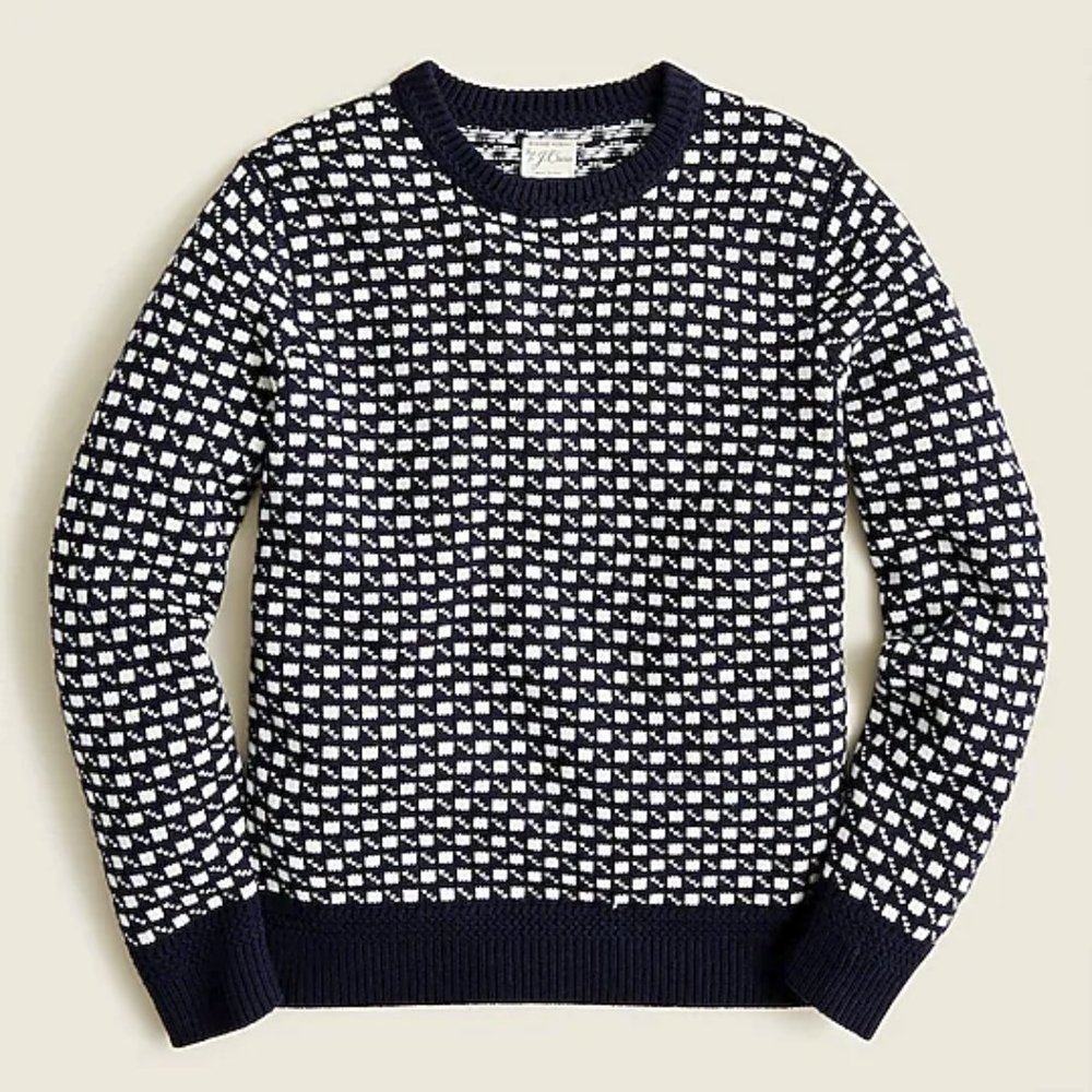 NWT J Crew Rugged Merino Wool Blue Geometric Nautical Jacquard Crewneck Sweater